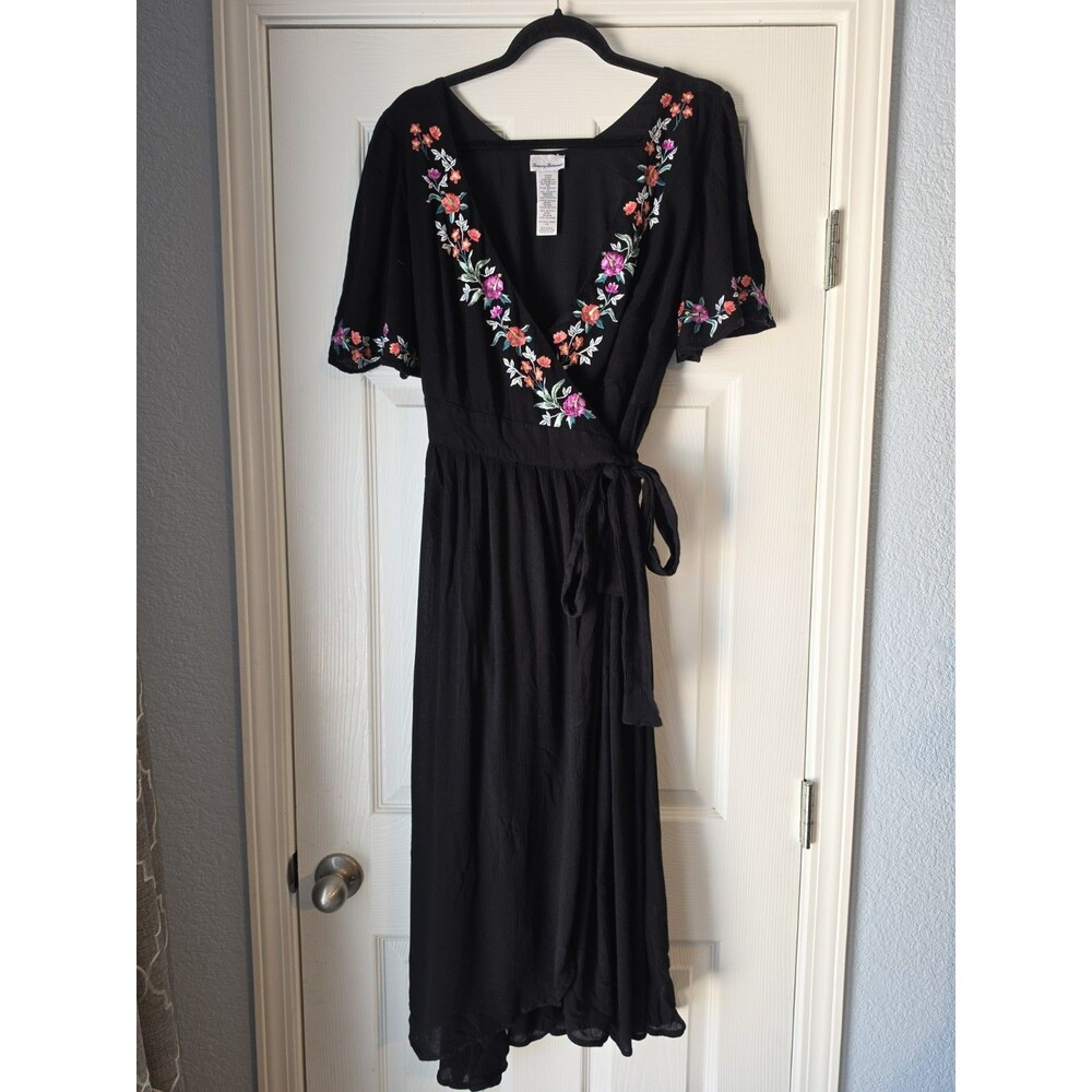 Tommy Bahama L Maxi Wrap Embroidered Tropical Beach Resort Coverup Black Dress